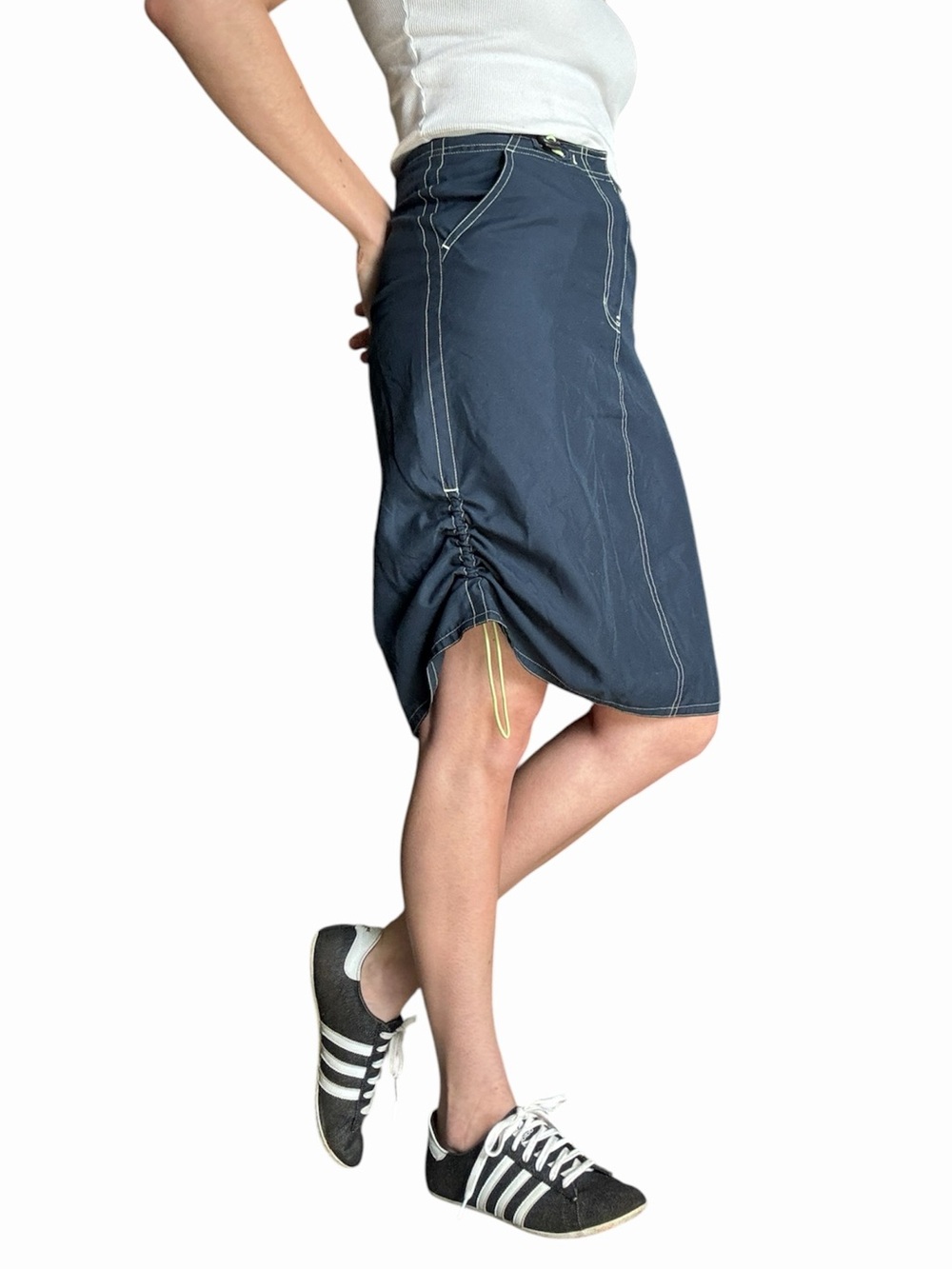 Vintage 2000 Gap Utility Midi Skirt Side Ruching Drawstring Navy Y2K | Size XS